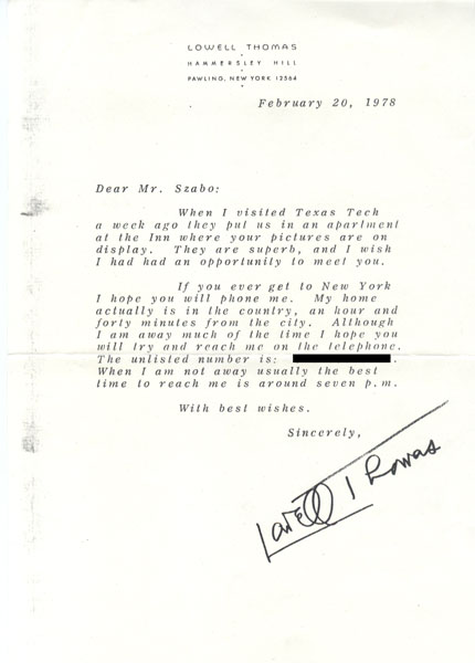 Lowell Thomas Letter